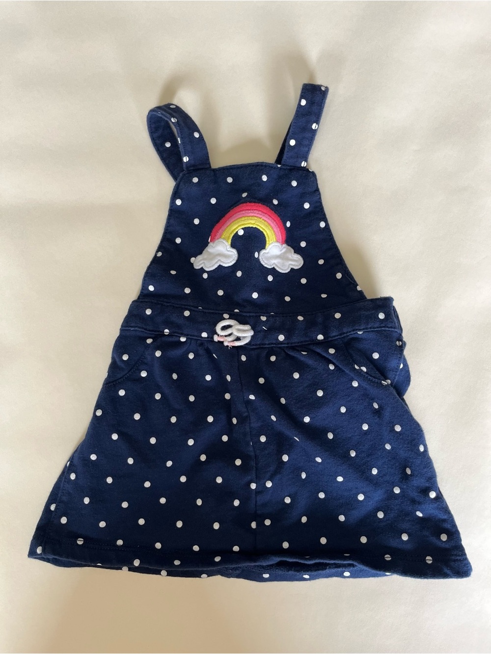 Navy Polka Dot Baby Overall Dress with Rainbow Patch